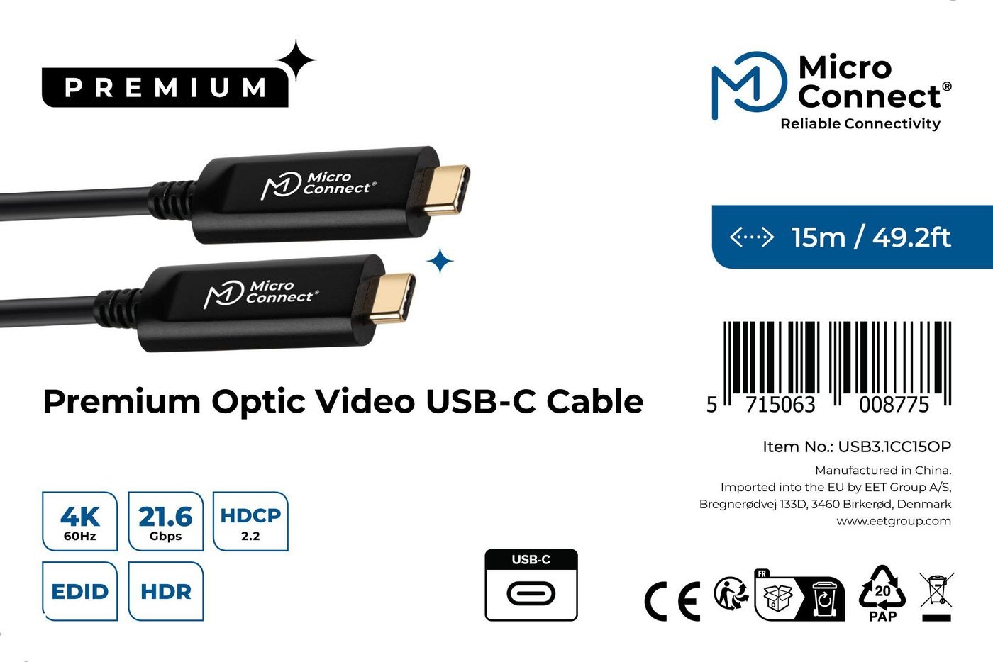 Microconnect Premium Optic USB-C Cavo USB 3.2 Gen 1 (3.1 Gen 1) 15 m, Velocità 21600 Mbit/s, Colore Nero