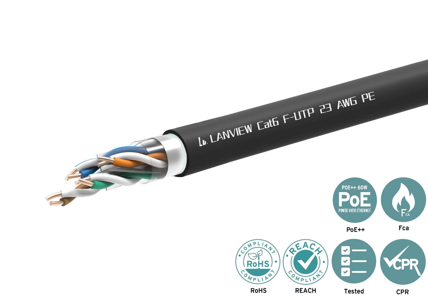Lanview LVN-CAT6PE-FUTP-305M Cavo di Rete Cat6 F/UTP (FTP) - 305 m, 10000 Mbit/s, 4x2xAWG23 PE black