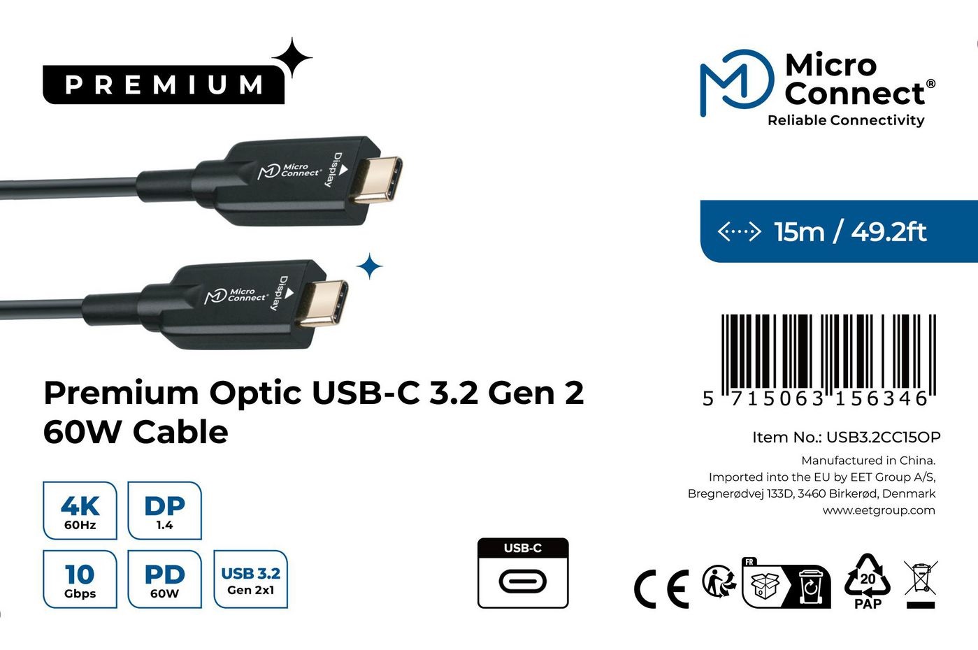 Microconnect USB3.2CC15OP Cavo USB 3.2 Gen 2 (3.1 Gen 2) 15 m USB C Nero - 100W, 20Gbps, 4K60Hz