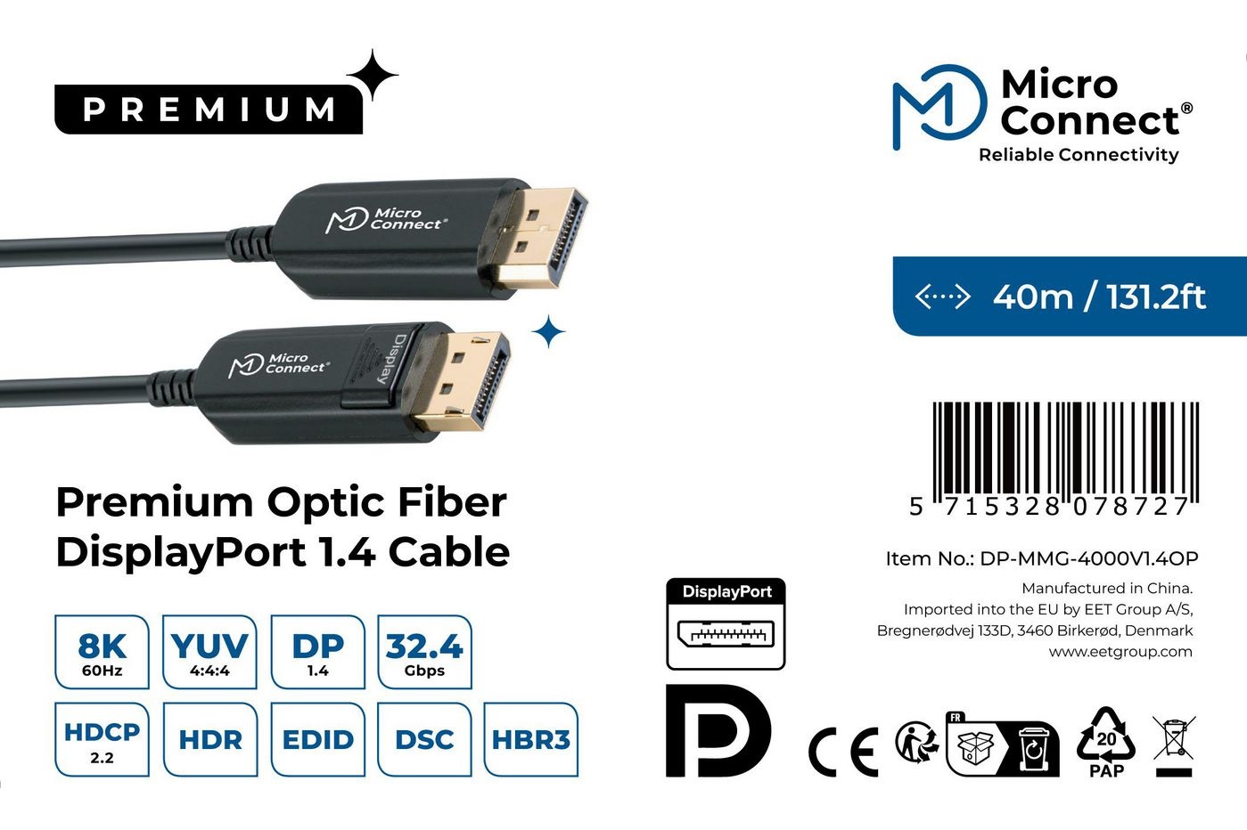 Microconnect DP-MMG-4000V1.4OP Cavo DisplayPort 1.4, 8K@60Hz, Fibra Ottica, 40m