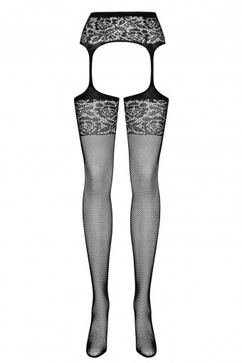 Obsessive S500 Collant Aperti a Rete con Giarrettiera e Decorazioni Floreali - Nero (S/M/L)