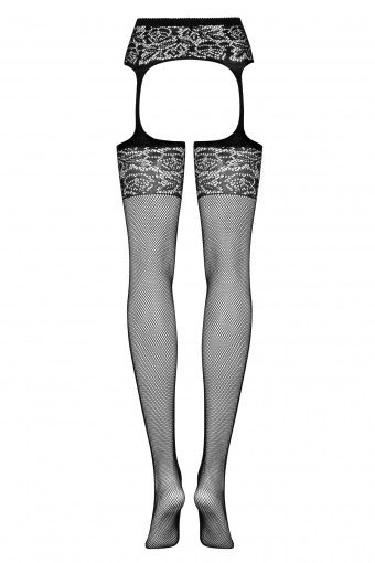 Obsessive S500 Collant Aperti a Rete con Giarrettiera e Decorazioni Floreali - Nero (S/M/L)