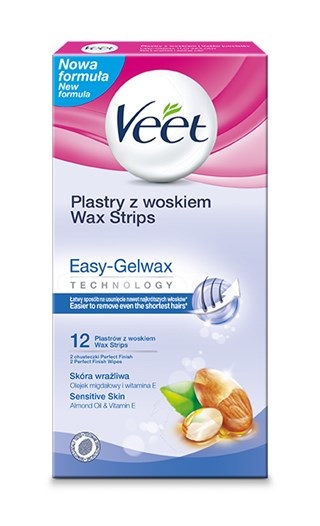 Veet Strisce di Cera a Freddo Easy-Gelwax per Pelle Sensibile - 12 pz con Olio di Mandorle