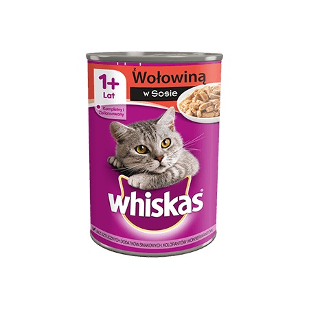 WHISKAS Cibo Umido per Gatti 1 con Manzo in Salsa 400 g - Alimento Completo e Bilanciato