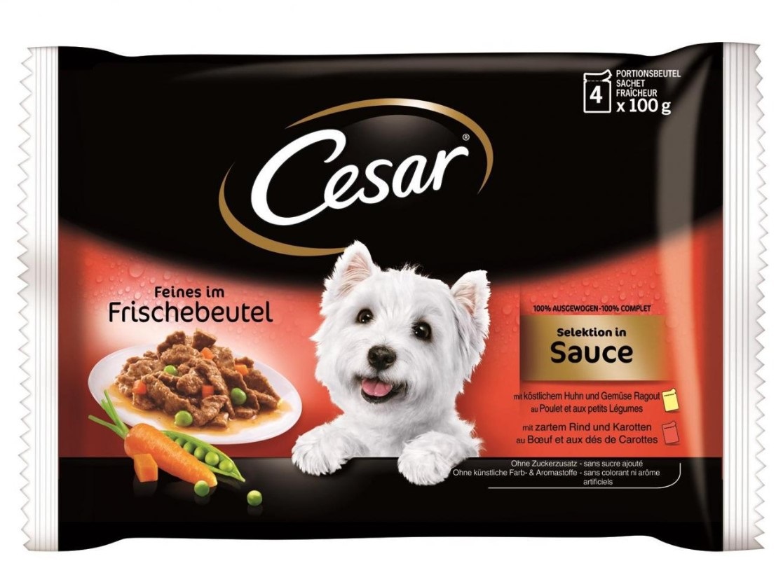 CESAR Delizie del Giorno Selezione in Salsa - Cibo Umido Completo per Cani Adulti, Pollo e Verdure e Manzo e Carote, 4 x 100 g