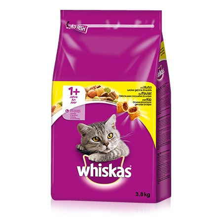 Whiskas 1 Cibo Secco per Gatti Adulto al Pollo - 3,8 kg, Completo e Bilanciato con Vitamine A, D ed E