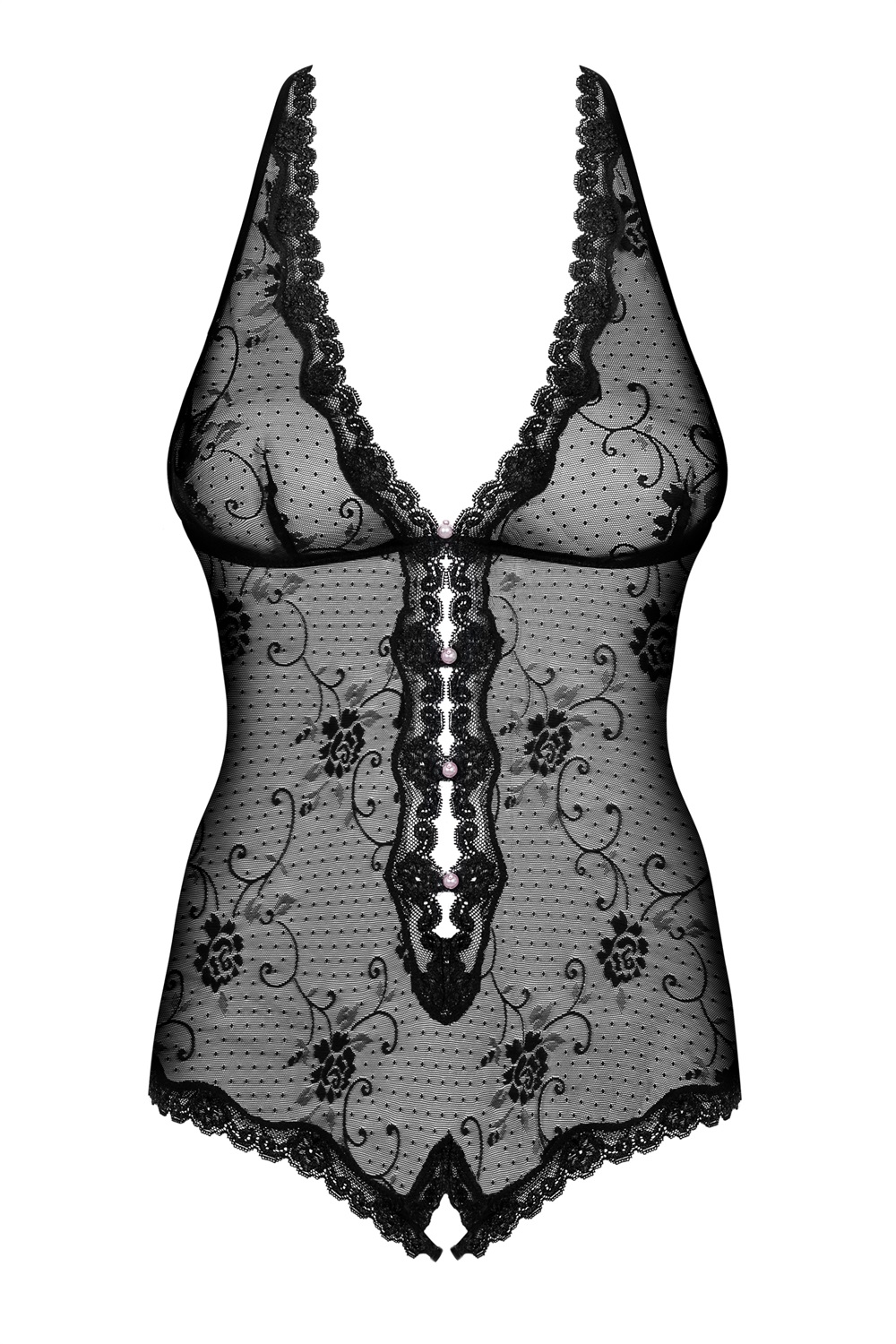 Obsessive Fiorenta Body Nero in Pizzo con Perle Decorative e Spalline Incrociate S/M