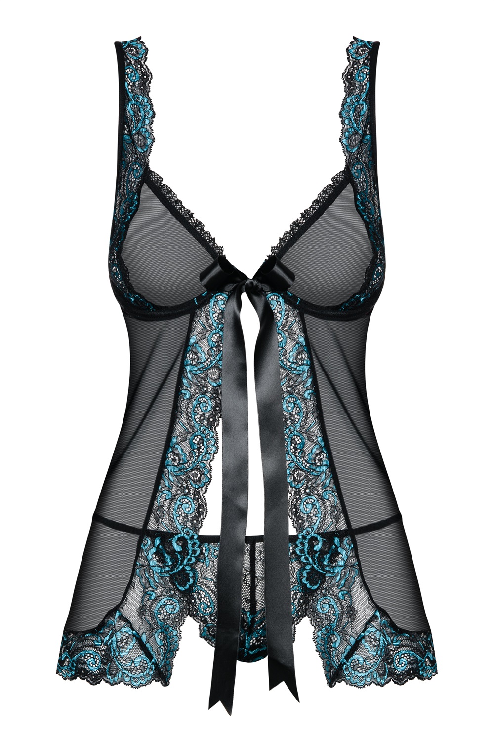 Obsessive Amanta Babydoll Trasparente Nero con Ricami Turchesi e Perizoma - L/XL