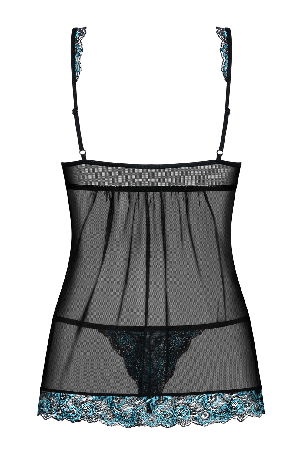 Obsessive Amanta Babydoll Trasparente Nero con Ricami Turchesi e Perizoma - L/XL