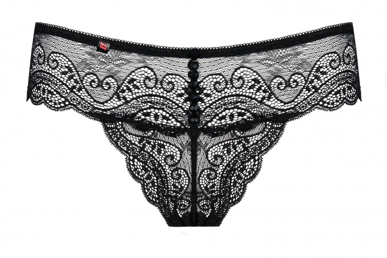 Obsessive Miamor Tanga Nero in Pizzo Morbido con Aperture Sexy e Cristalli - Taglia S/M