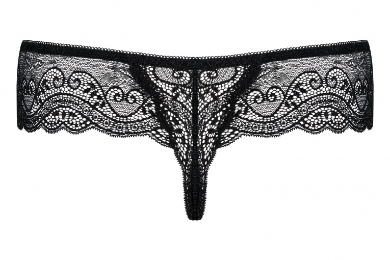 Obsessive Miamor Tanga Nero in Pizzo Morbido con Aperture Sexy e Cristalli - Taglia S/M