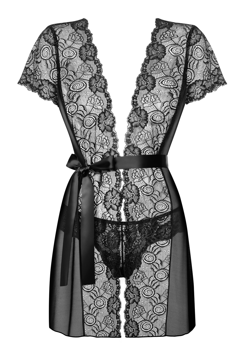 Obsessive Alluria Vestaglia in Pizzo Nero S/M con Perizoma - Trasparente e Sensuale