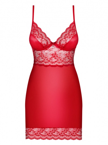 Obsessive Lovica Babydoll e Chemise Rossa con Pizzo Trasparente e Perizoma - Tessuto Morbido e Lucido