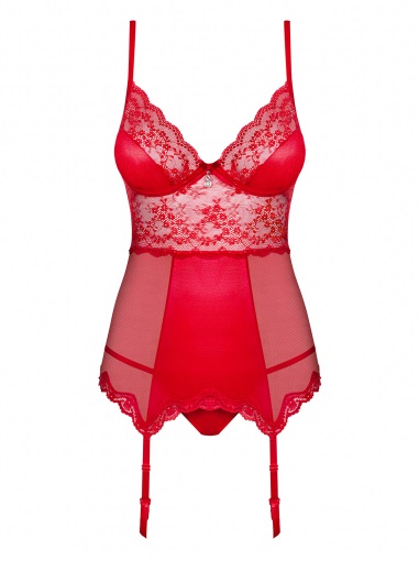 Obsessive Lovica Set di Lingerie Sexy Rosso con Corsetto, Tanga e Porta Calze in Elastan e Poliammide