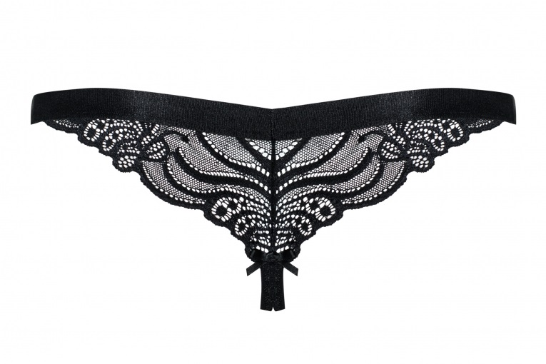 Obsessive 828-THC-1 Crotchless Thong Nero L/XL - Perizoma Sexy con Ricami in Pizzo