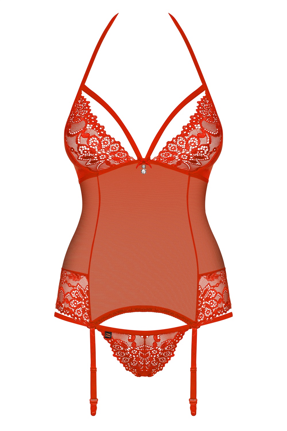Obsessive 838-COR-3 Corsetto Rosso S/M con Reggicalze e Perizoma Incluso - Intimo Seducente e Sexy