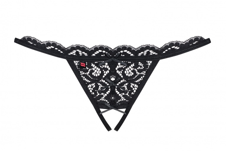 Obsessive 831-THC-1 Perizoma Aperto in Pizzo Nero S/M con Fiocchetto e Dettagli Floreali