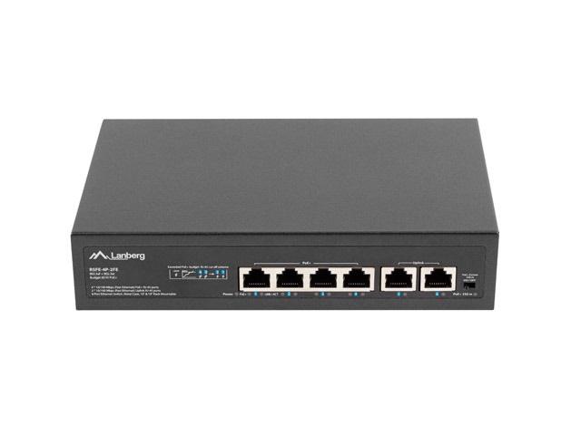 Lanberg RSFE-4P-2FE-60 Switch di rete Non gestito Fast Ethernet (10/100) con 6 porte, Supporto Power over Ethernet (PoE), Montaggio Rack 1U