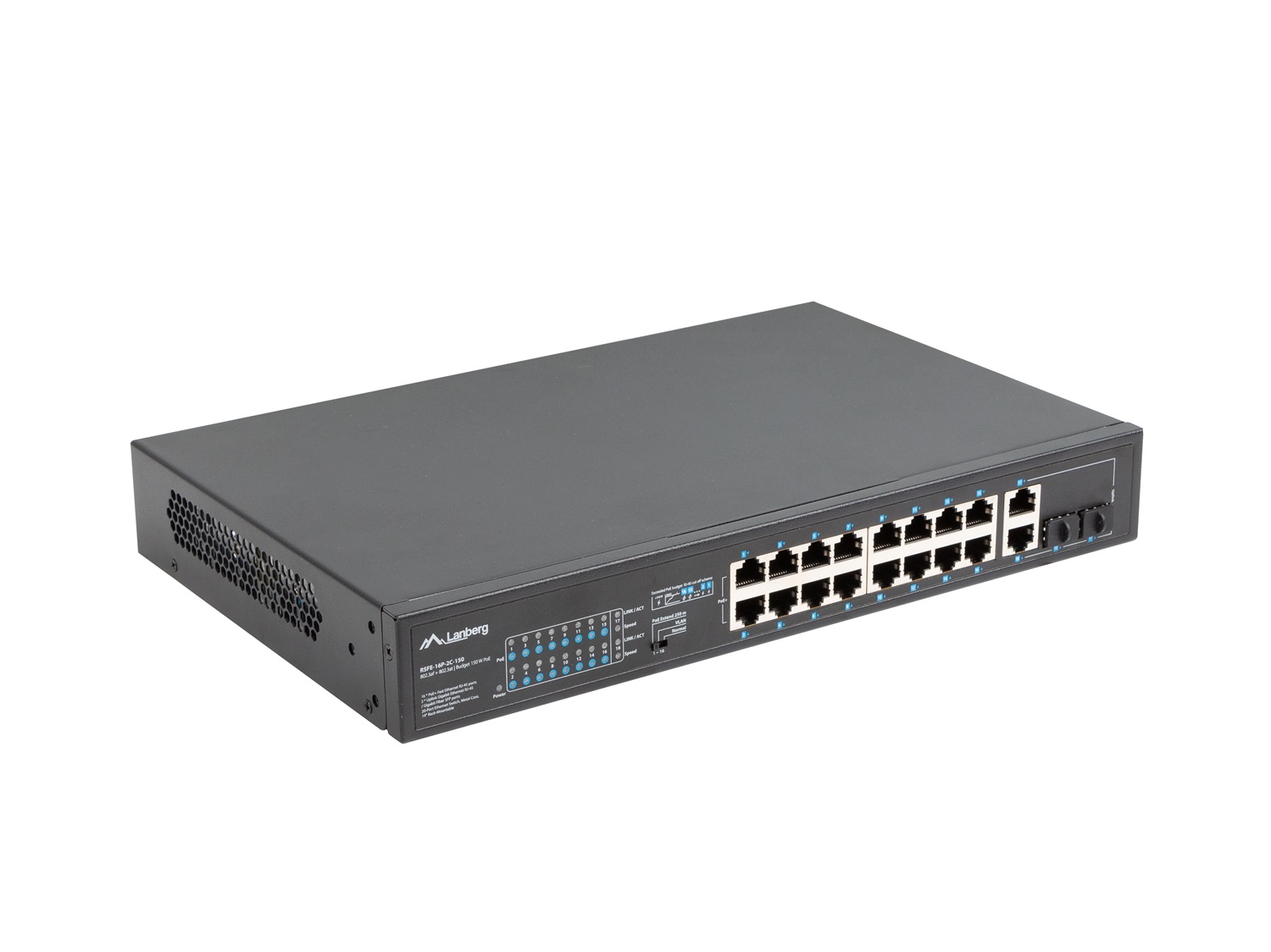 Lanberg RSFE-16P-2C-150 Switch di rete Non gestito Gigabit Ethernet 16 x POE Power over Ethernet (PoE) Rack 1U Nero 150W