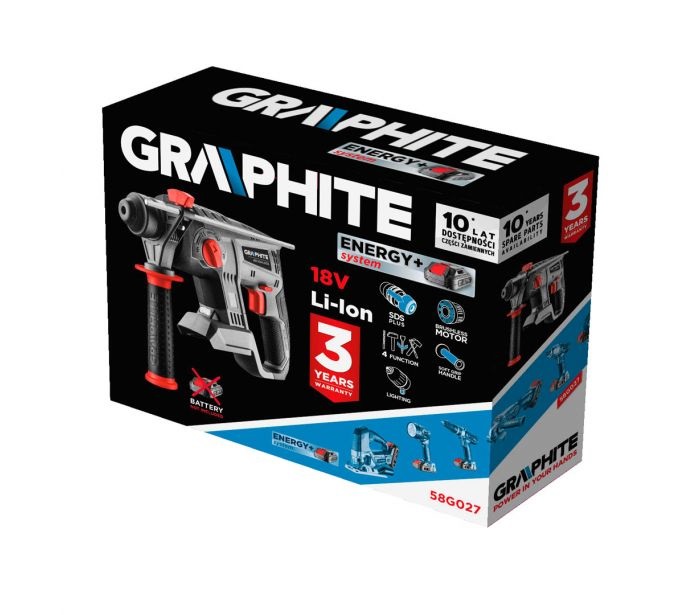 GRAPHITE Martello Perforatore a Batteria Energy 18 V, 2,2 J, Leggero e Compatto con Fodera SDS-Plus