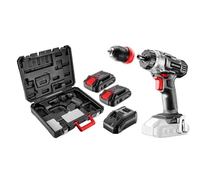 GRAPHITE 58G022-SET2 Trapano Avvitatore a Batteria 18V con 2 Batterie da 2,0 Ah, Caricatore e Mandrino Rimovibile da 10 mm, Velocità 1250 giri/min