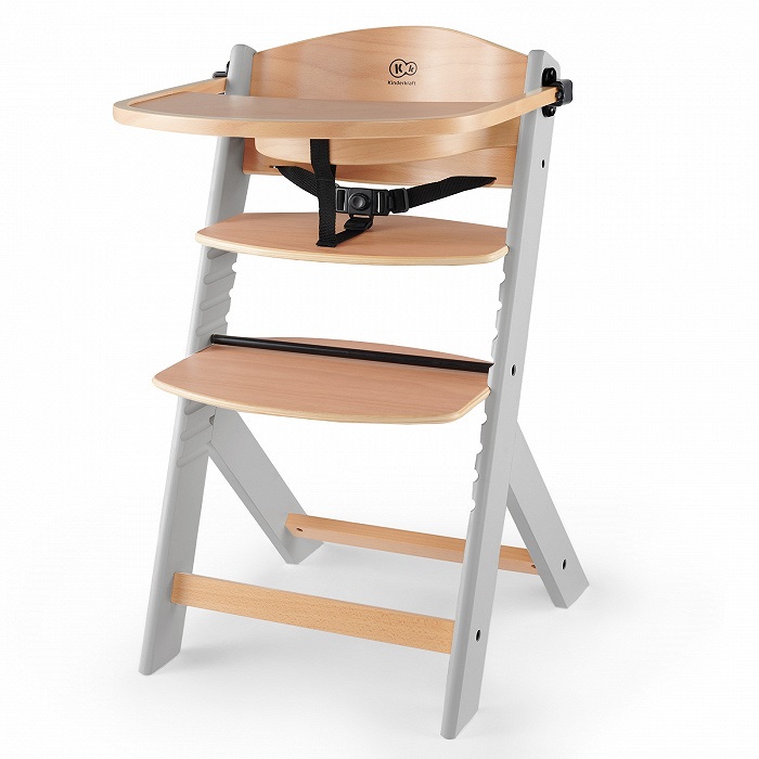 Kinderkraft ENOCK Seggiolone Pappa in Legno Grigio con Cuscino, Evolutivo e Multifunzionale, da 6 Mesi a 10 Anni