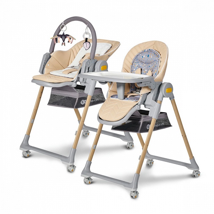 Kinderkraft LASTREE Seggiolone Pappa Reclinabile 2 in 1 con Sdraietta, Altezza Regolabile, Barra dei Giochi, Beige