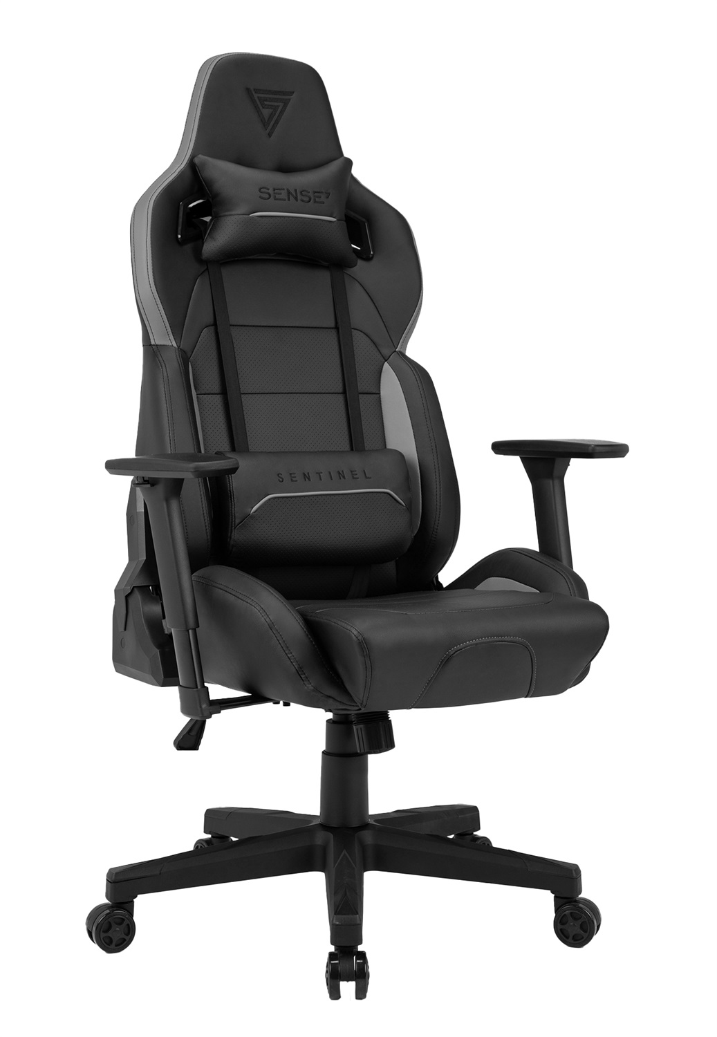 SENSE7 Sentinel - Poltrona da gioco ergonomica con cuscini lombari regolabili, inclinazione a 160°, braccioli 3D, funzione dondolo, fino a 150 kg, nera-grigia