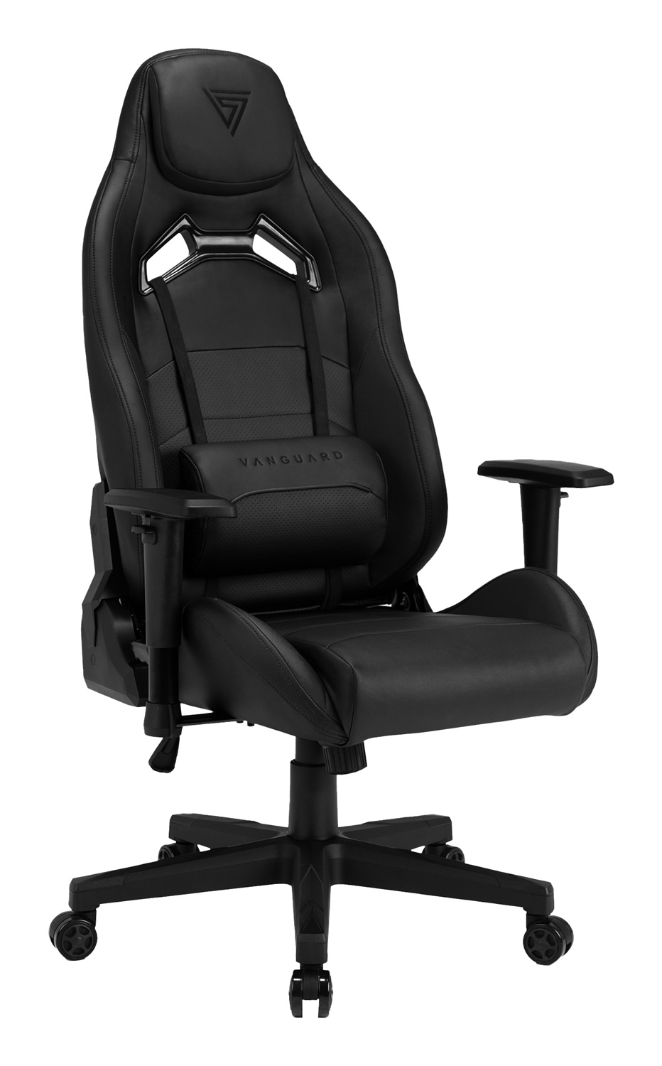 SENSE7 Vanguard - Poltrona da gioco ergonomica con cuscini lombari regolabili, inclinazione a 160°, braccioli regolabili, ecopelle, fino a 150 kg, nera