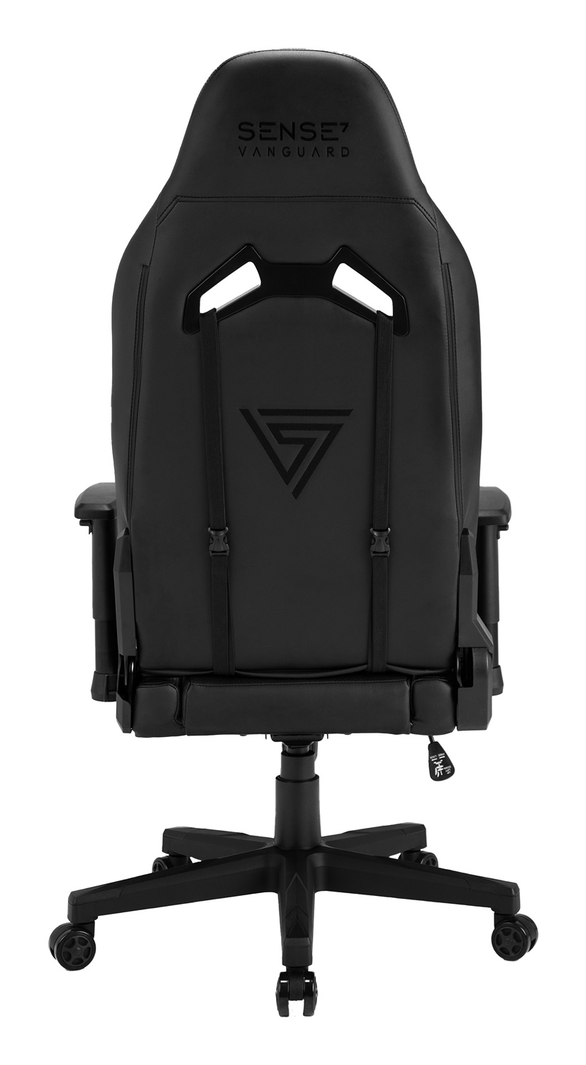 SENSE7 Vanguard - Poltrona da gioco ergonomica con cuscini lombari regolabili, inclinazione a 160°, braccioli regolabili, ecopelle, fino a 150 kg, nera