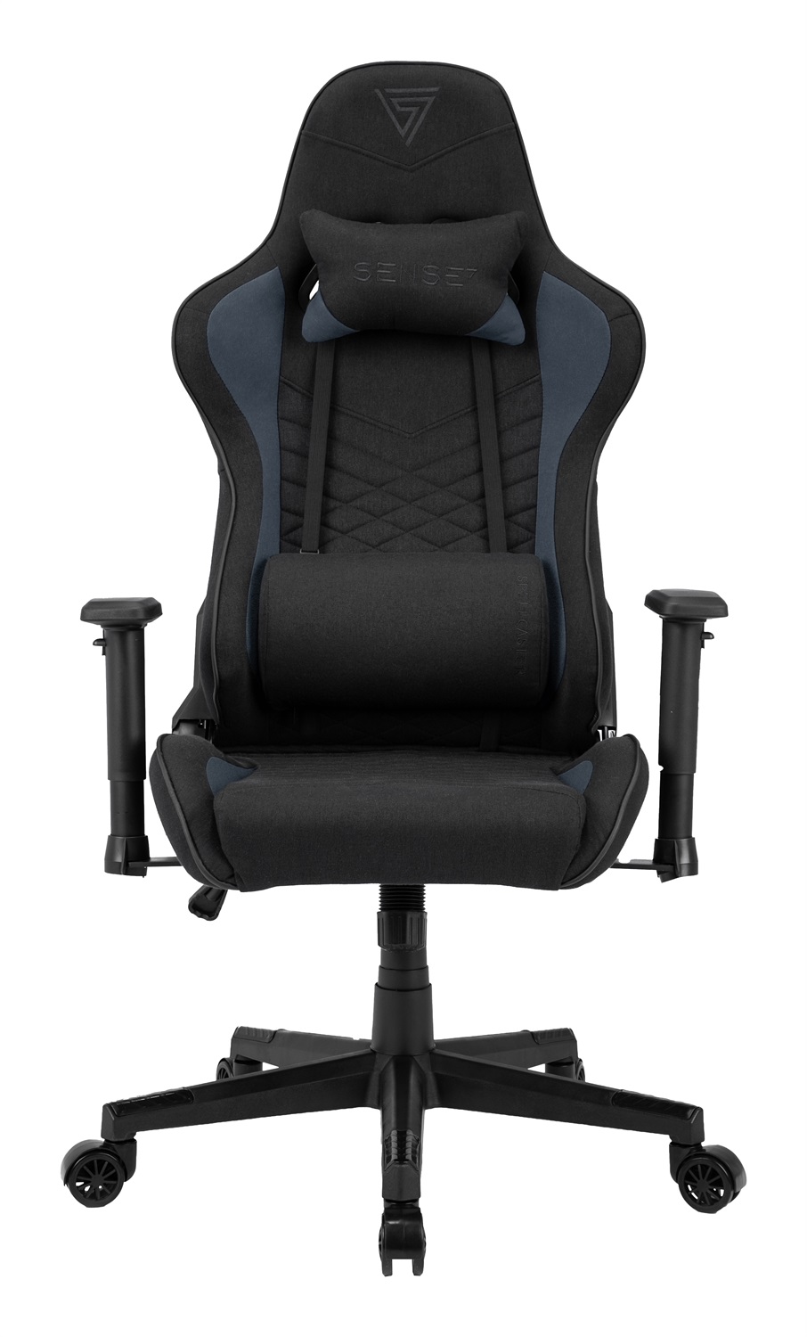SENSE7 Spellcaster - Poltrona da gioco ergonomica con cuscini lombari regolabili, inclinazione e oscillazione, portata 150kg, in similpelle nera-blu