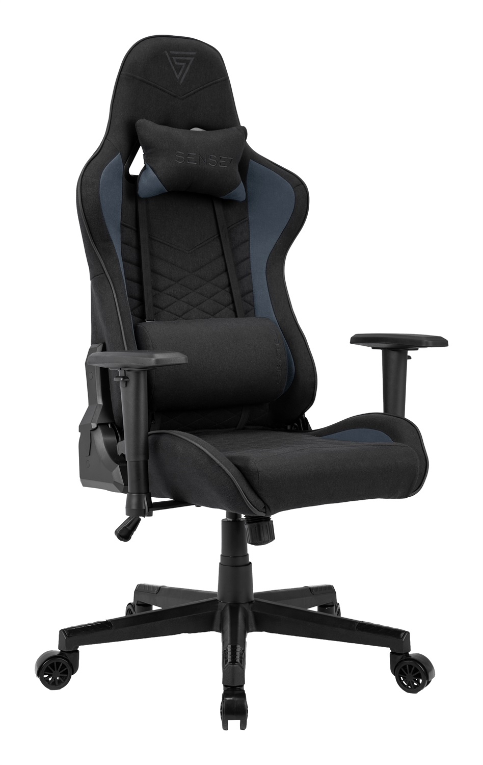 SENSE7 Spellcaster - Poltrona da gioco ergonomica con cuscini lombari regolabili, inclinazione e oscillazione, portata 150kg, in similpelle nera-blu