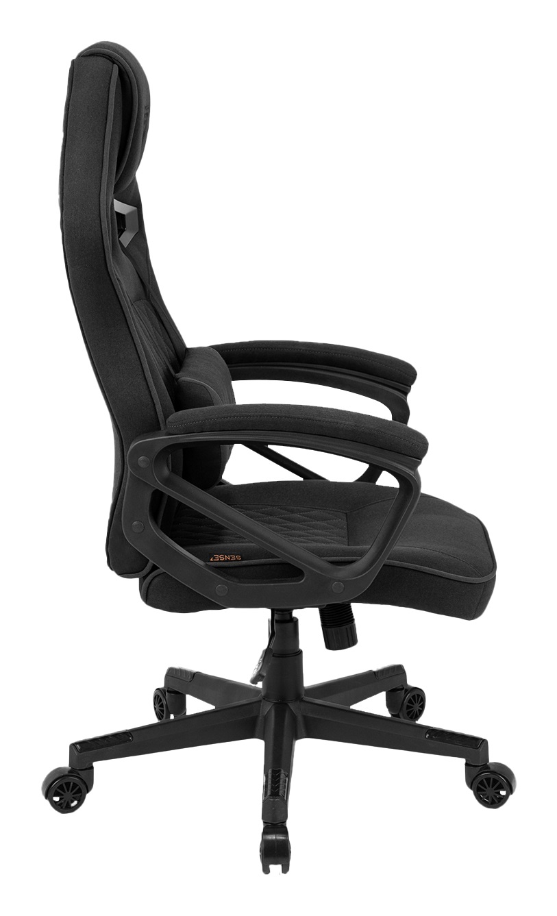 SENSE7 Poltrona da gioco Knight - Sedia ergonomica in tessuto nero con cuscini lombari regolabili e braccioli imbottiti, fino a 120 kg