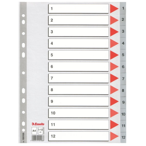 Esselte Separatori Numerici 1-12 in Polipropilene Grigio A4 Maxi (22,5x29,7 cm) - Conf. 10 Pezzi