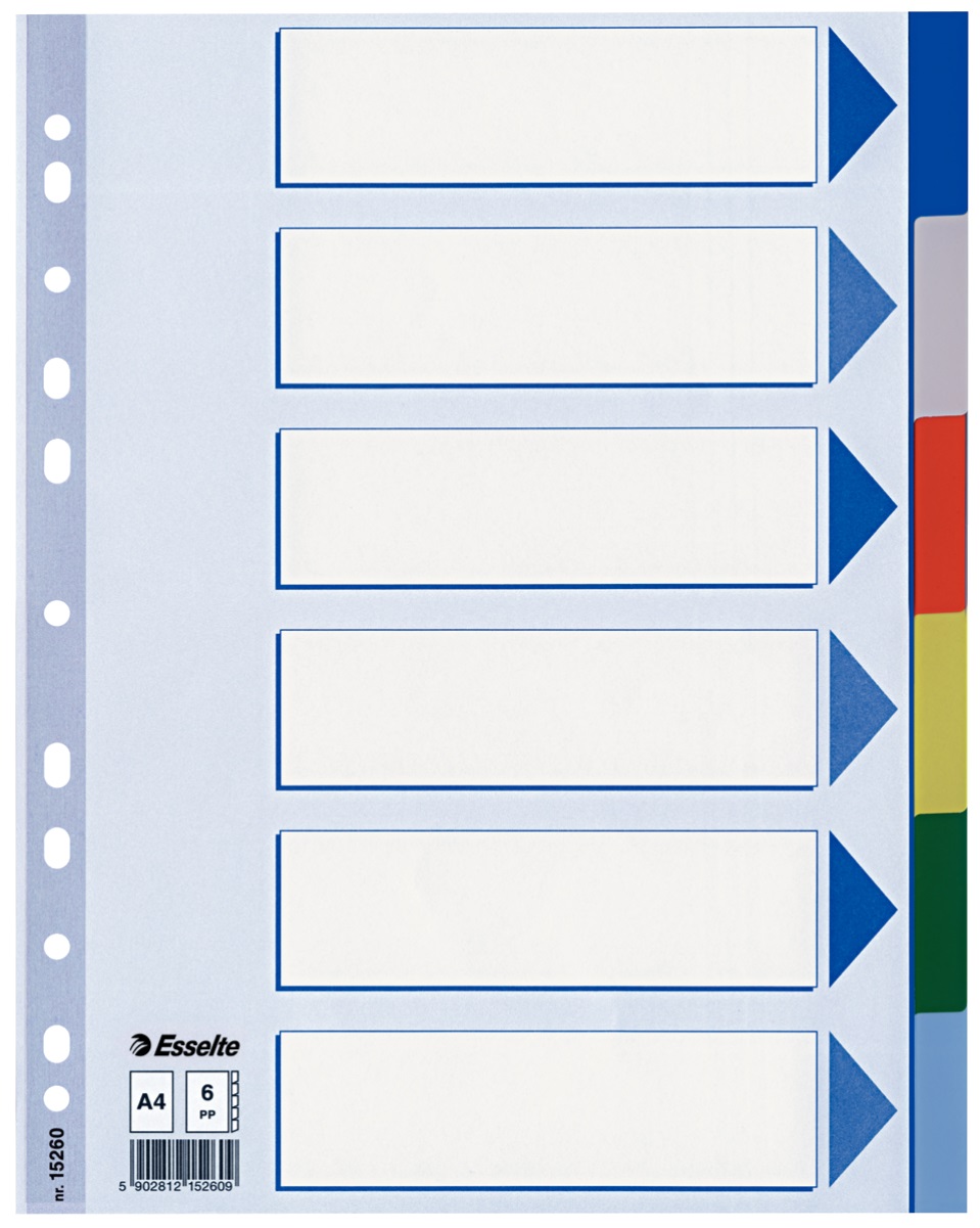 Esselte Divisore Intercalare A4 in Polipropilene con 6 Tasti Colorati e Indice Prestampato
