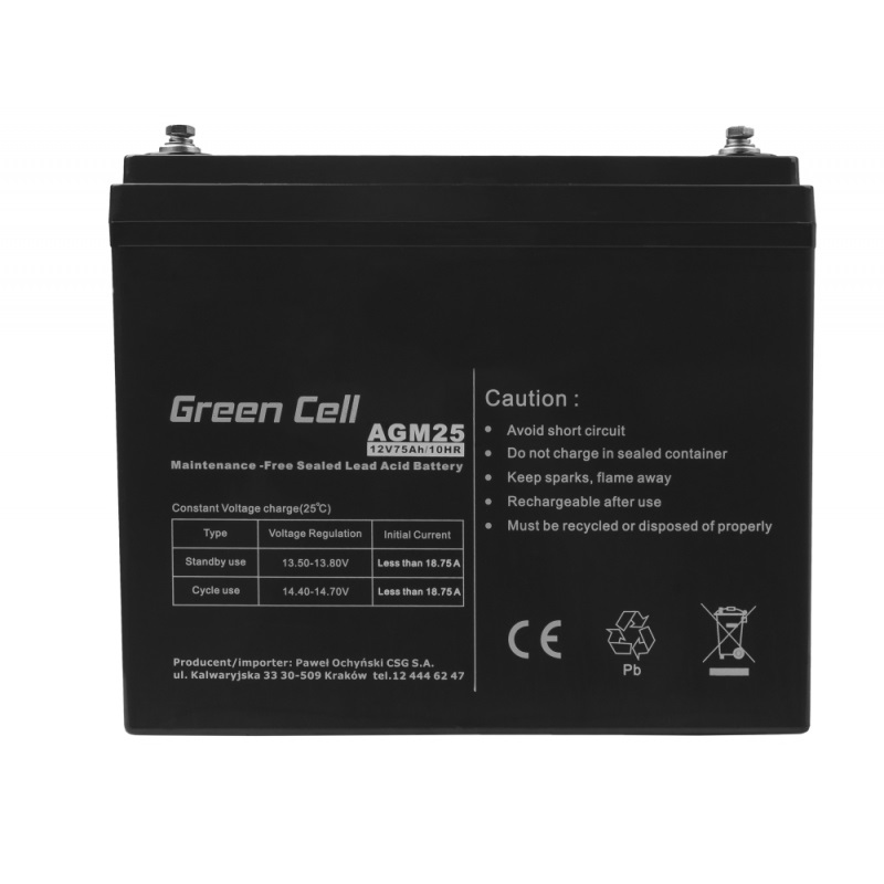 Green Cell AGM25 Batteria UPS Acido Piombo (VRLA) 12 V 75 Ah Senza Manutenzione - Nero