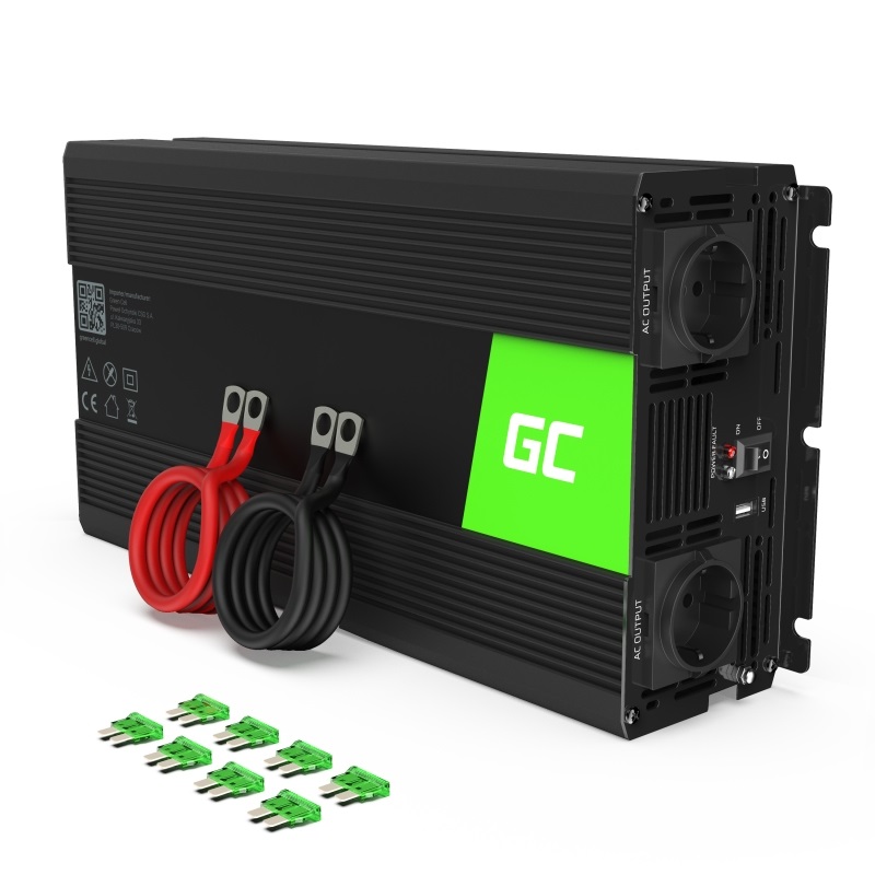 Green Cell INV22 Inverter Onda Pura 1500 W 12V DC a 230V AC - Adattatore Auto Nero