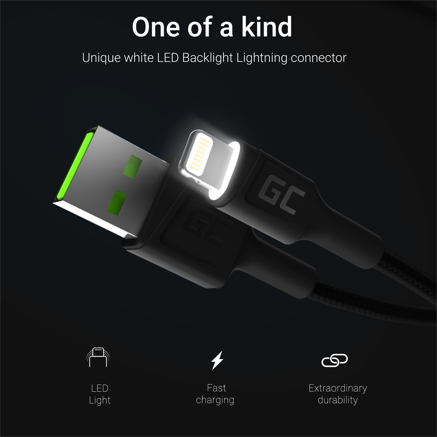 Green Cell Cavo USB-A - Lightning 2 m Nero con Illuminazione a LED per iPhone, iPad e iPod