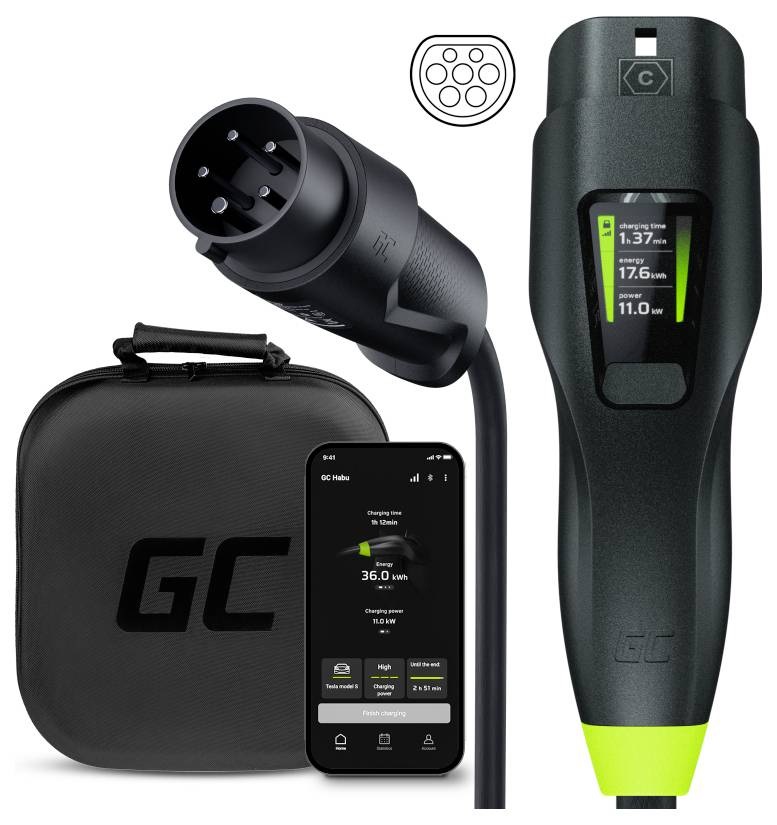 Green Cell Habu Caricabatterie EV Portatile Wallbox 11kW 7m Tipo 2 CEE 16A 5 Poli - Compatibile con Model 3, Model Y, Model S, Model X, 500e, e-208, ID.4, ID.5, EV6 e altri