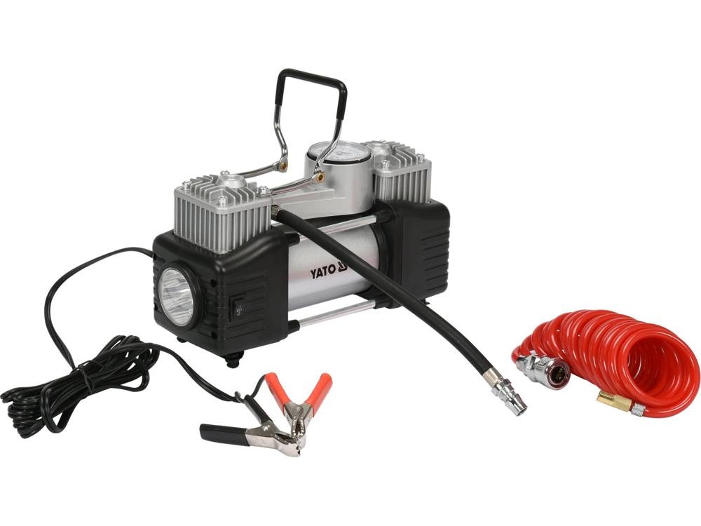 YATO Compressore d'Aria YT-73462 - 12V, 250W, 60 l/min, 10 bar con Manometro e Attacchi Intercambiabili