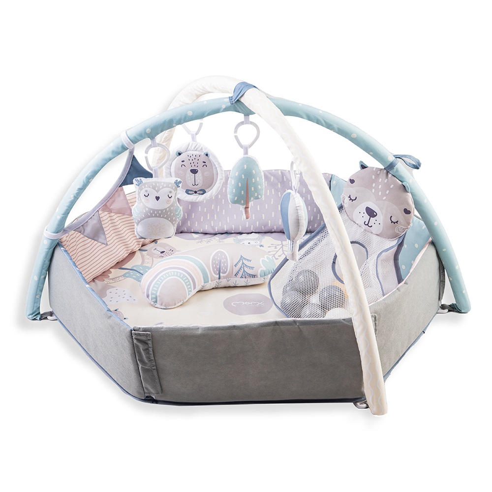 MoMi Palestrina PASTEL Tappetino Educativo 3 in 1 con Arco Gioco, Piscina di Palline e Cuscino per Gattonare