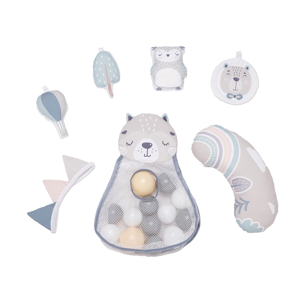 MoMi Palestrina PASTEL Tappetino Educativo 3 in 1 con Arco Gioco, Piscina di Palline e Cuscino per Gattonare