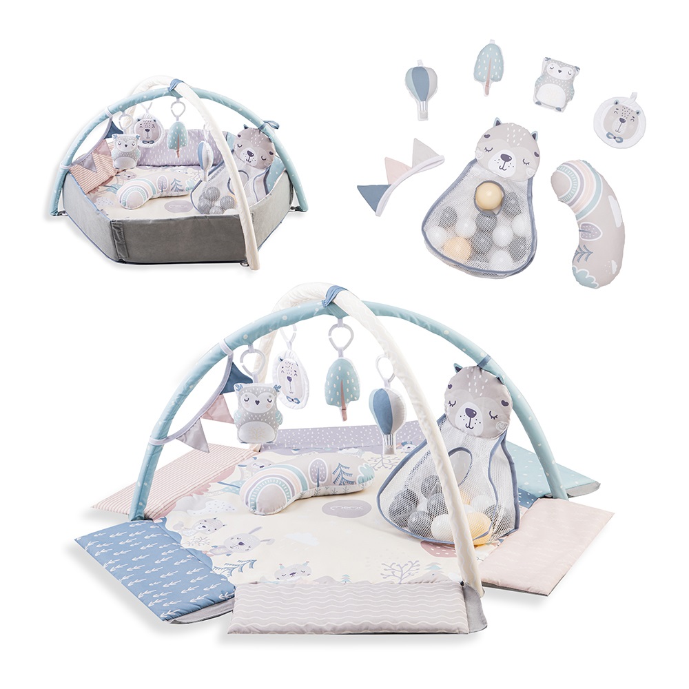 MoMi Palestrina PASTEL Tappetino Educativo 3 in 1 con Arco Gioco, Piscina di Palline e Cuscino per Gattonare
