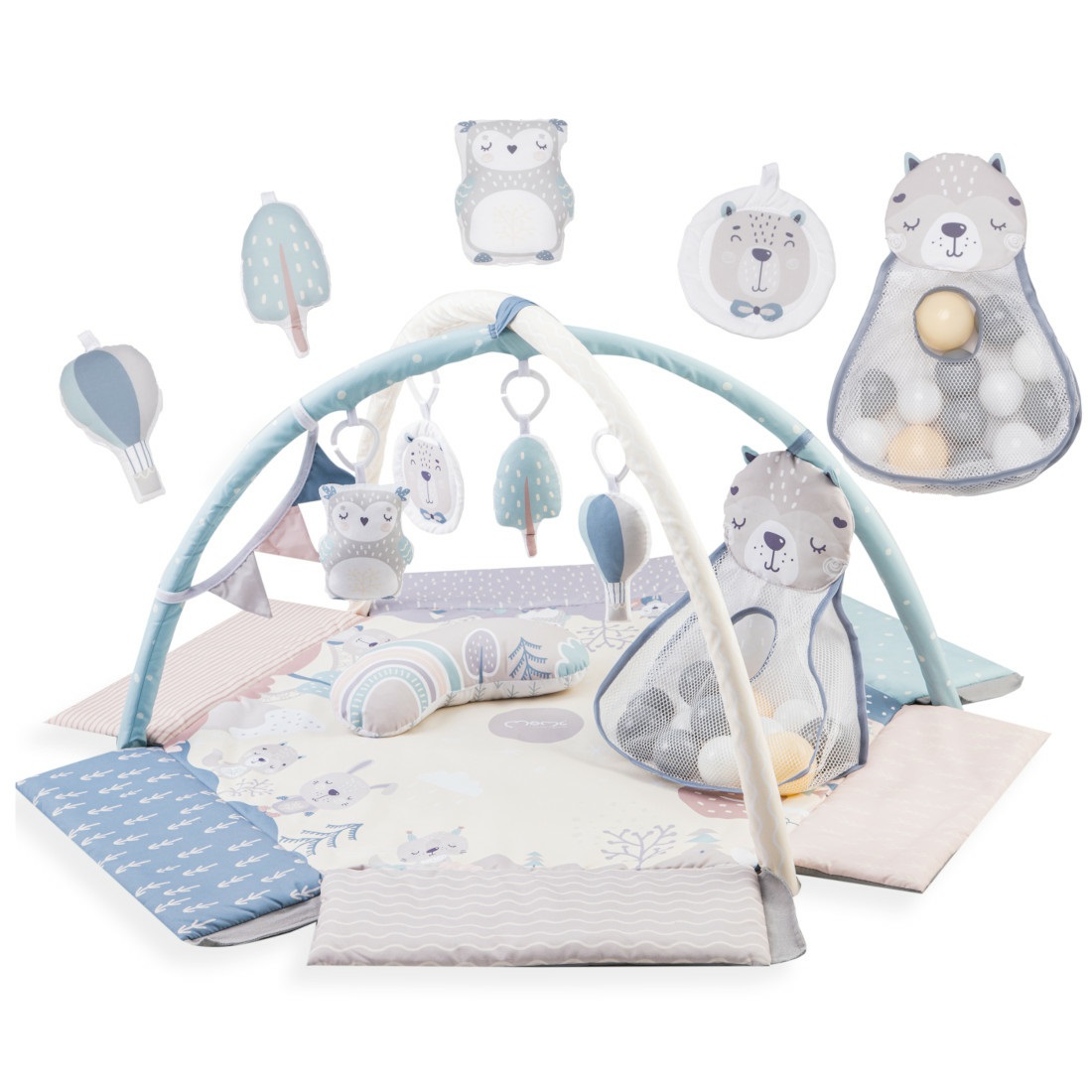 MoMi Palestrina PASTEL Tappetino Educativo 3 in 1 con Arco Gioco, Piscina di Palline e Cuscino per Gattonare