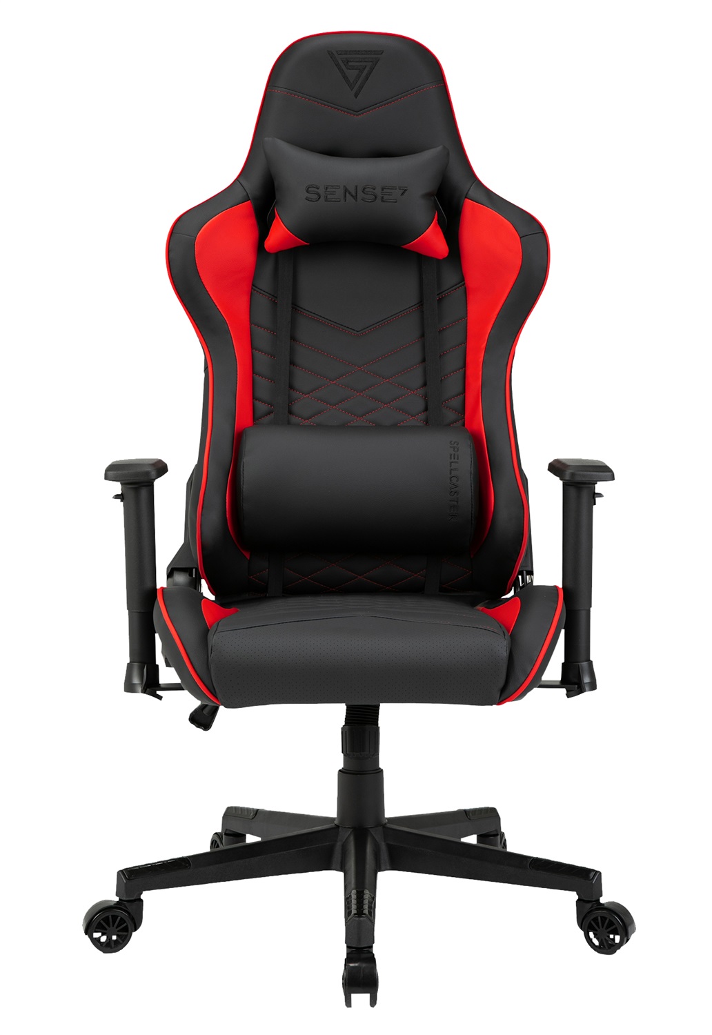 SENSE7 Poltrona da gioco Spellcaster - Ergonomica, con cuscini lombari regolabili, inclinazione e braccioli 2D, portata 150 kg, in similpelle nera e rossa