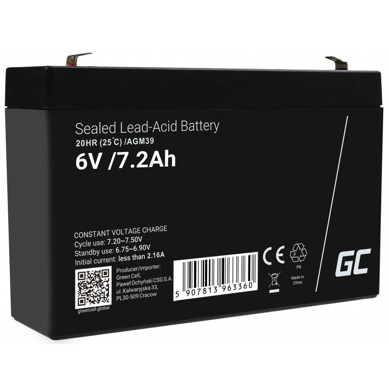 Green Cell GreenCell® Batteria al piombo AGM 6V 7200 mAh Accumulatore Ricaricabile Sigillata VRLA Senza Manutenzione per UPS, Giocattoli Elettrici e Sistemi di Allarme