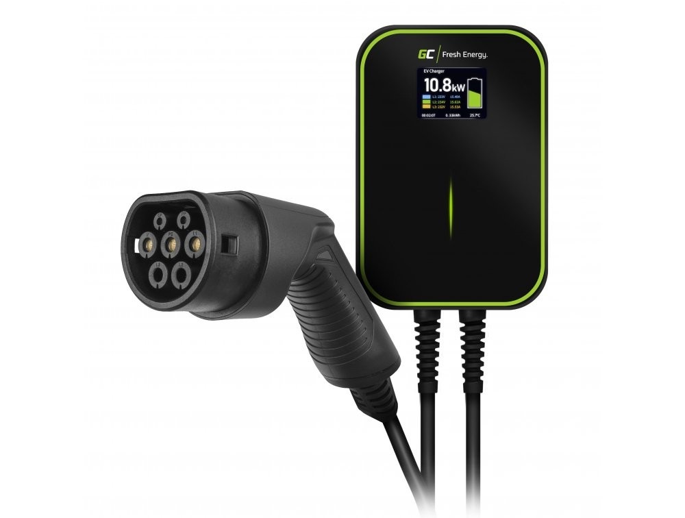 Green Cell EV14 Stazione di Ricarica per Veicoli Elettrici 22KW con Cavo Tipo 2, Display LCD, Montaggio a Parete, Alluminio Nero
