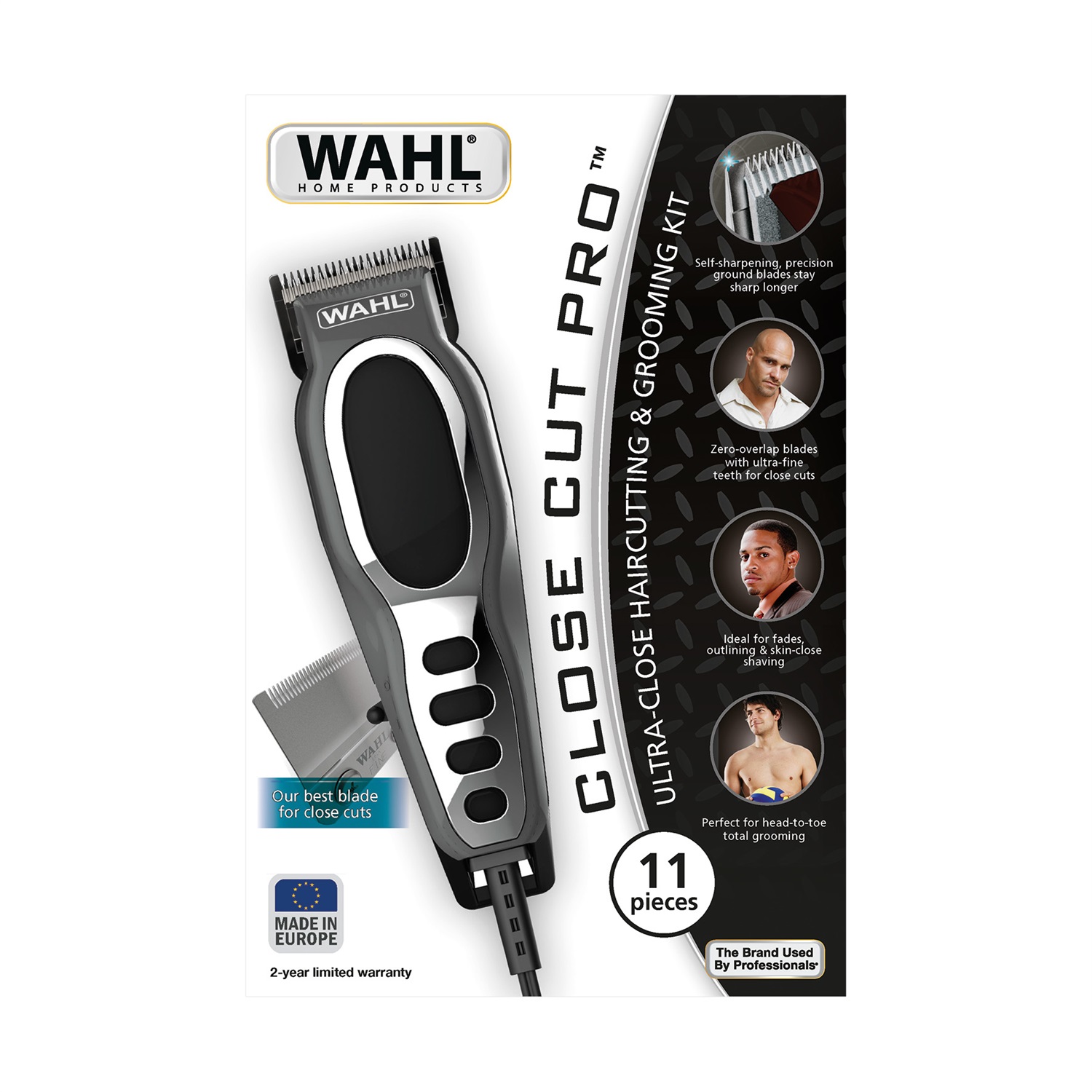 Wahl Close Cut Clipper - Tagliacapelli da Uomo con Cavo, Lame Affilate di Precisione, 6 Pettini Guida, Colore Grigio