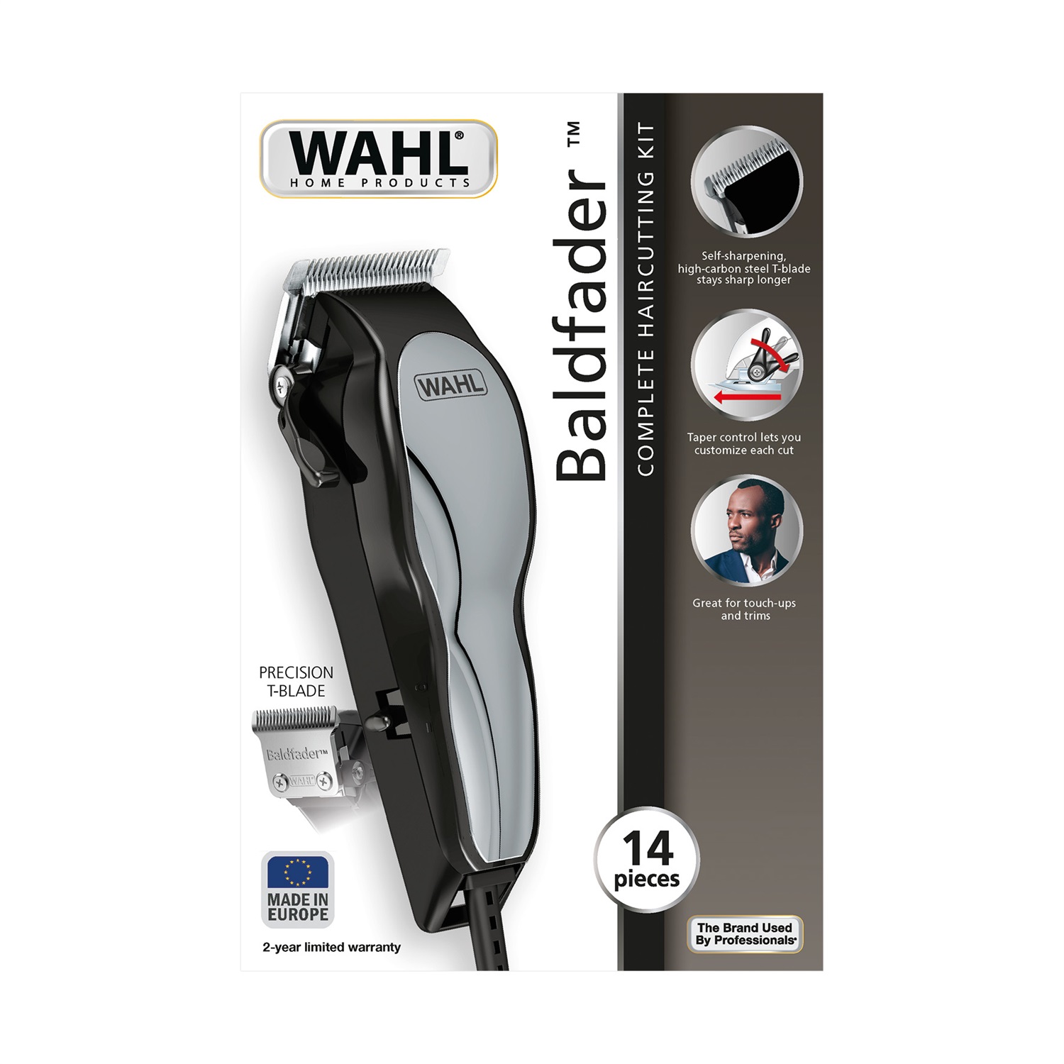 Wahl Baldfader 20107.0460 - Tagliacapelli Nero e Cromo con Lame Auto-affilanti, 8 Pettini, Lunghezza di Taglio da 1 mm a 1,3 cm