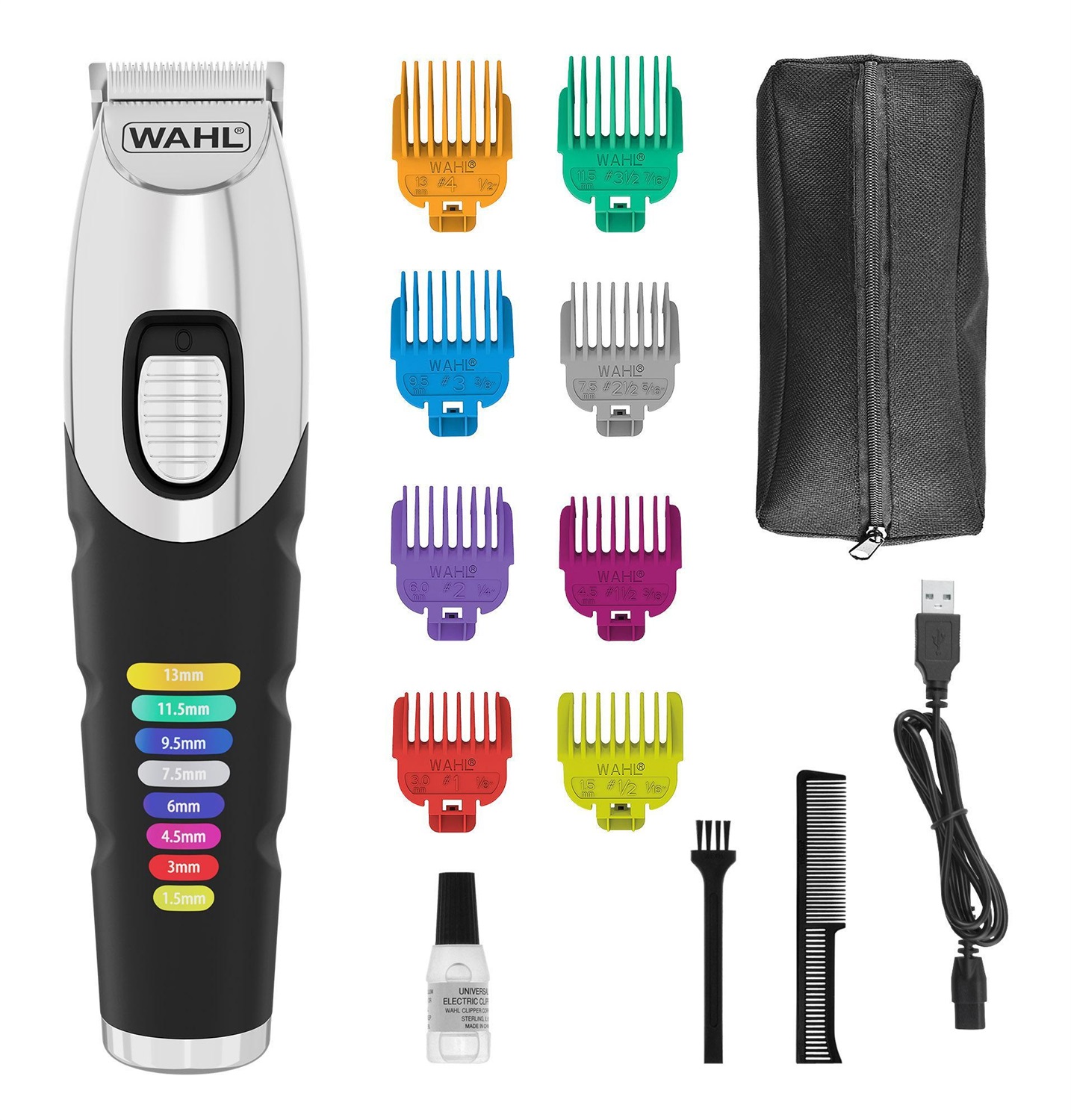 Wahl Color Trim - Regolabarba con Lame in Acciaio Inossidabile, Alimentazione CA/Batteria, 240 Minuti di Funzionamento, Pettini Guida Codificati a Colori, Lunghezza Massima di Taglio 1,3 cm, Nero